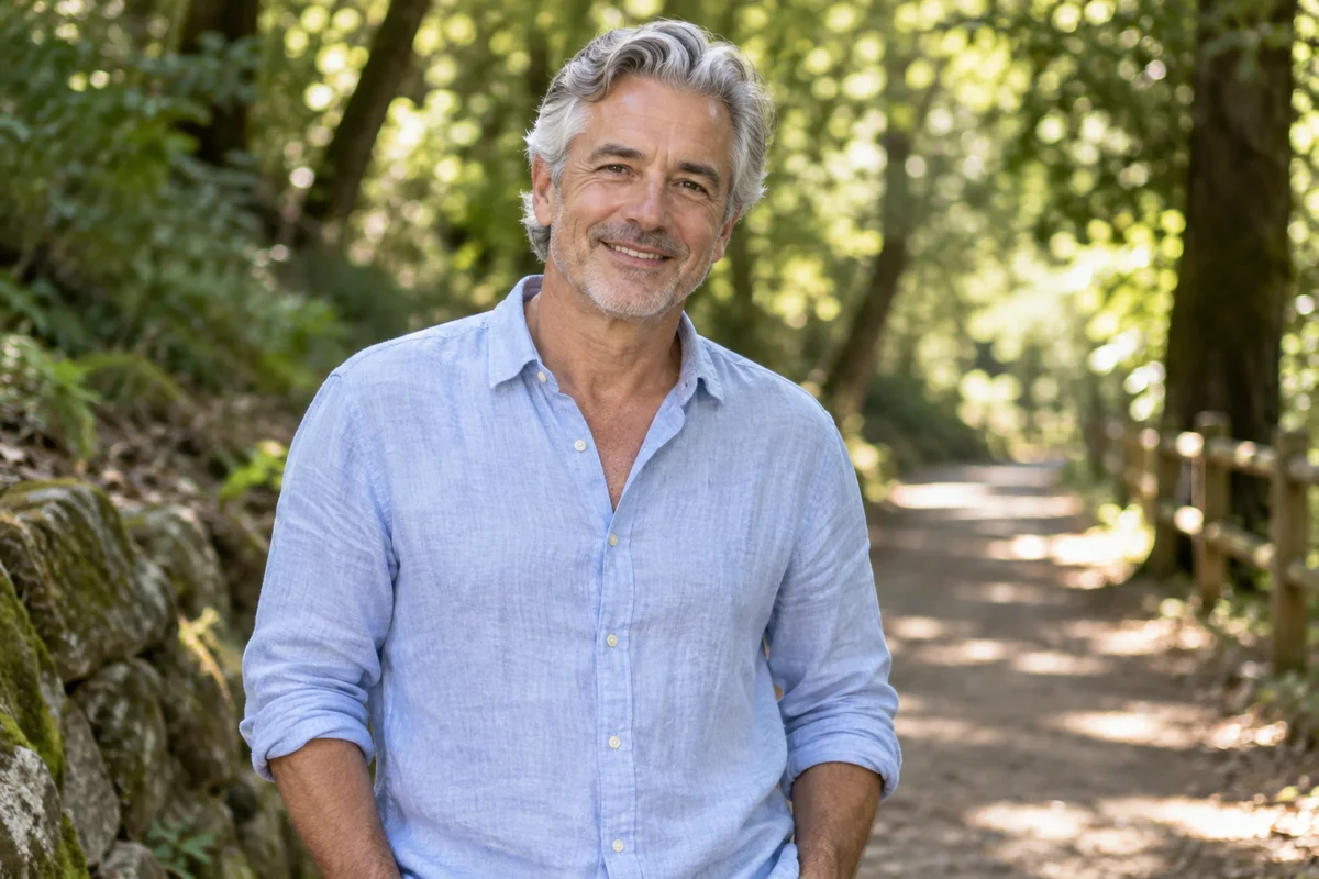 Illustrative portrait of an older adult enjoying a shaded walking trail