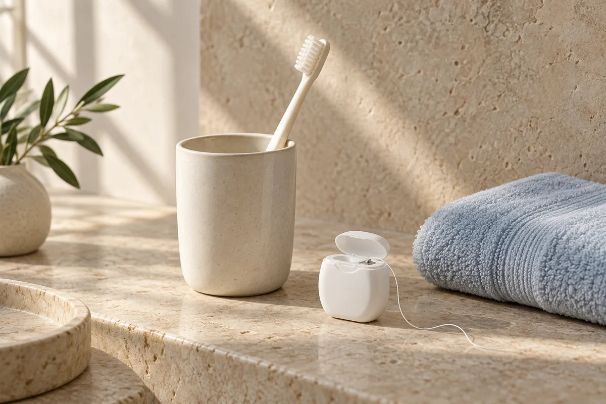 A ceramic toothbrush cup, dental floss and a blue towel in natural light
