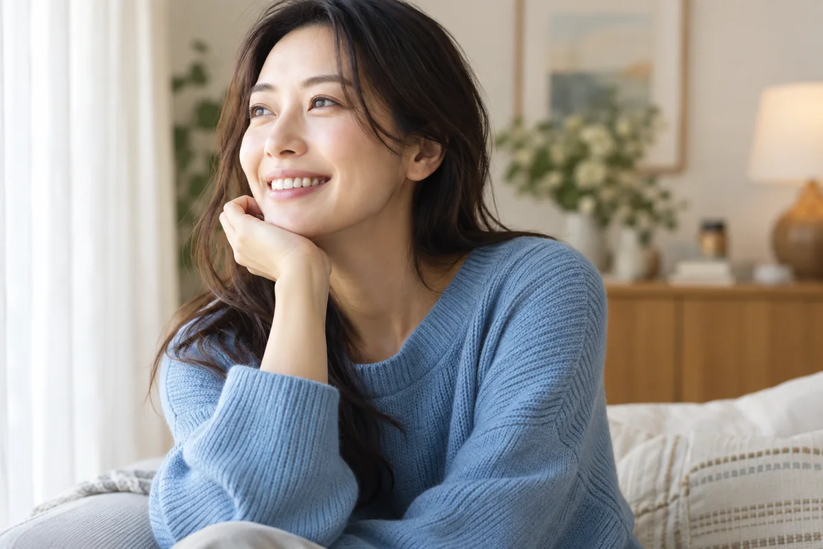 Illustrative portrait of an adult smiling beside a window