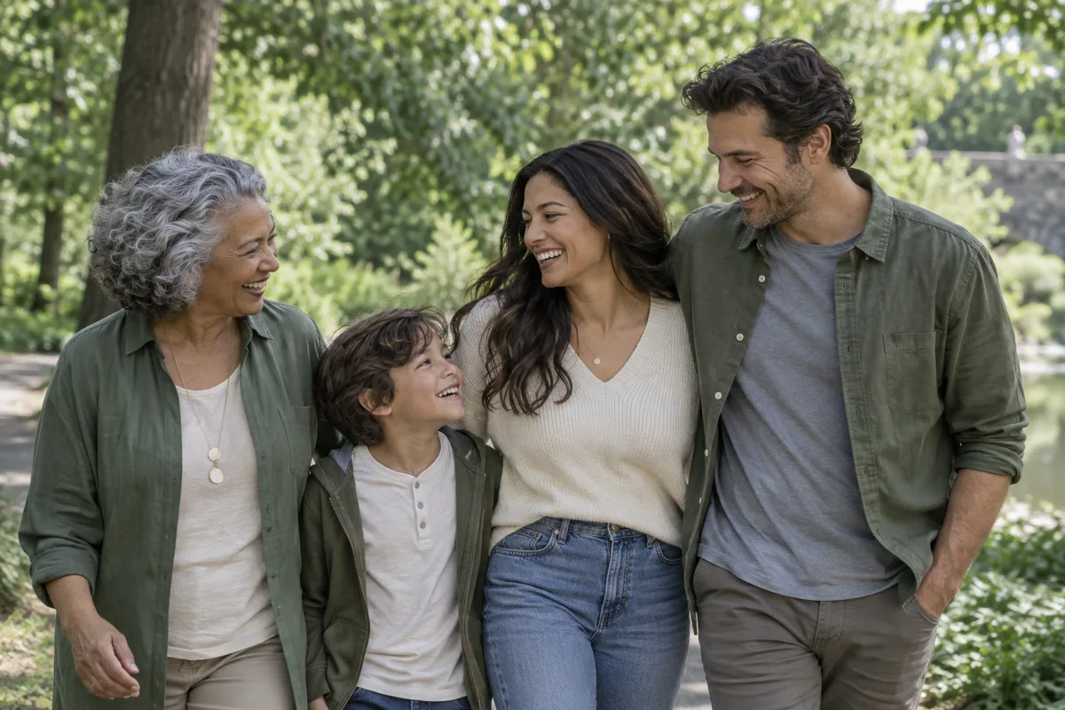 An illustrative multigenerational family sharing a smile outdoors