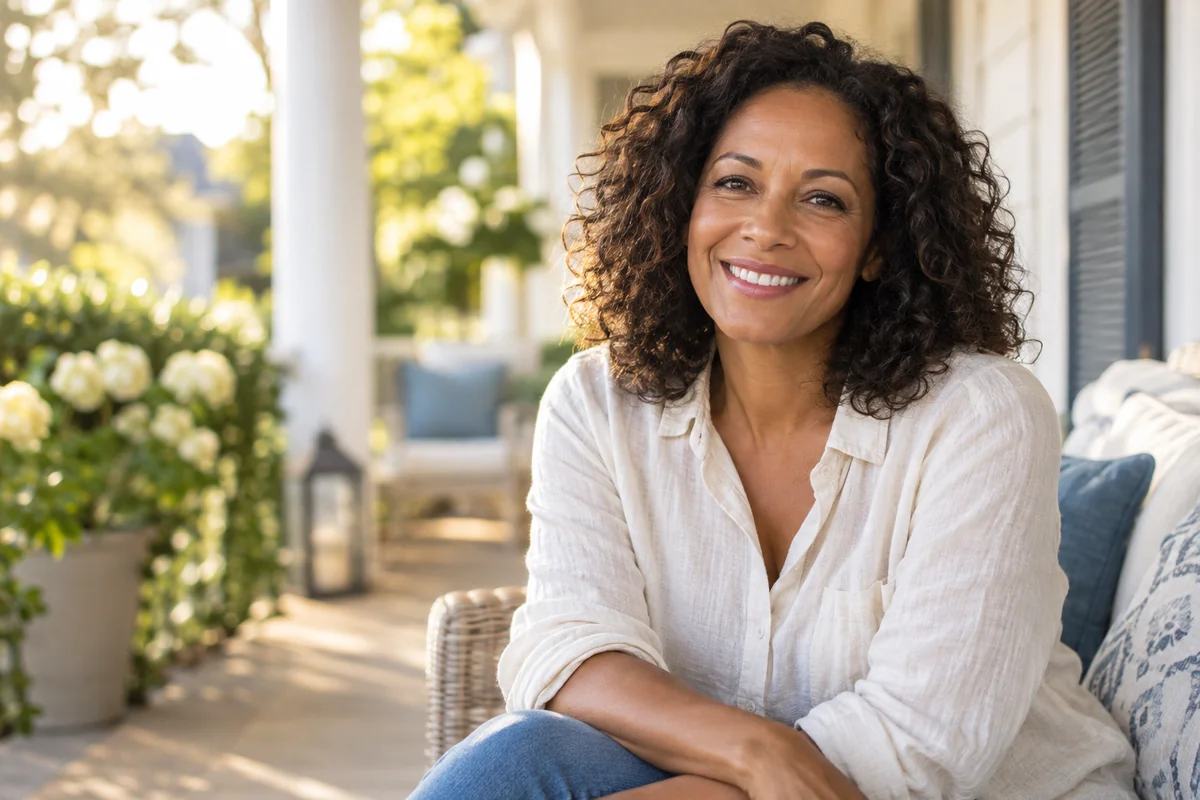 Illustrative portrait of a woman smiling on a sunlit porch