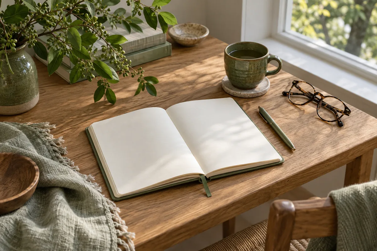 A blank notebook, pen and glasses ready for planning