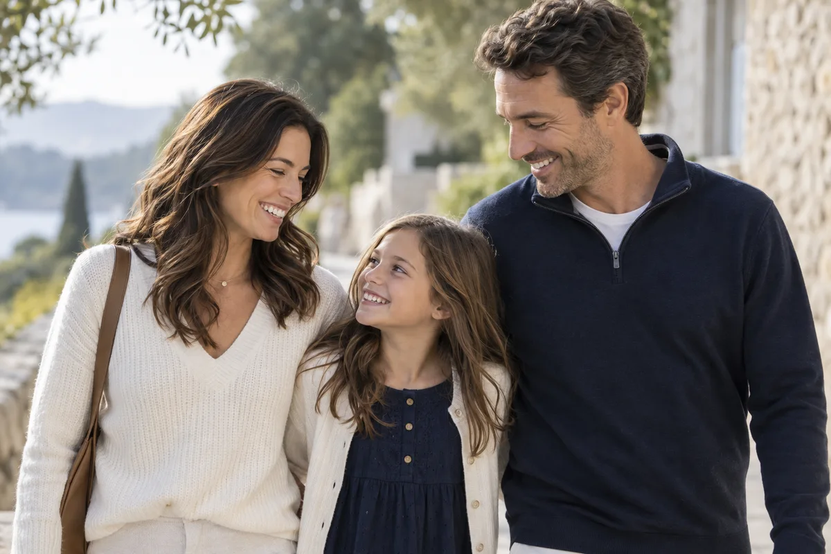 An illustrative family sharing a smile while walking together